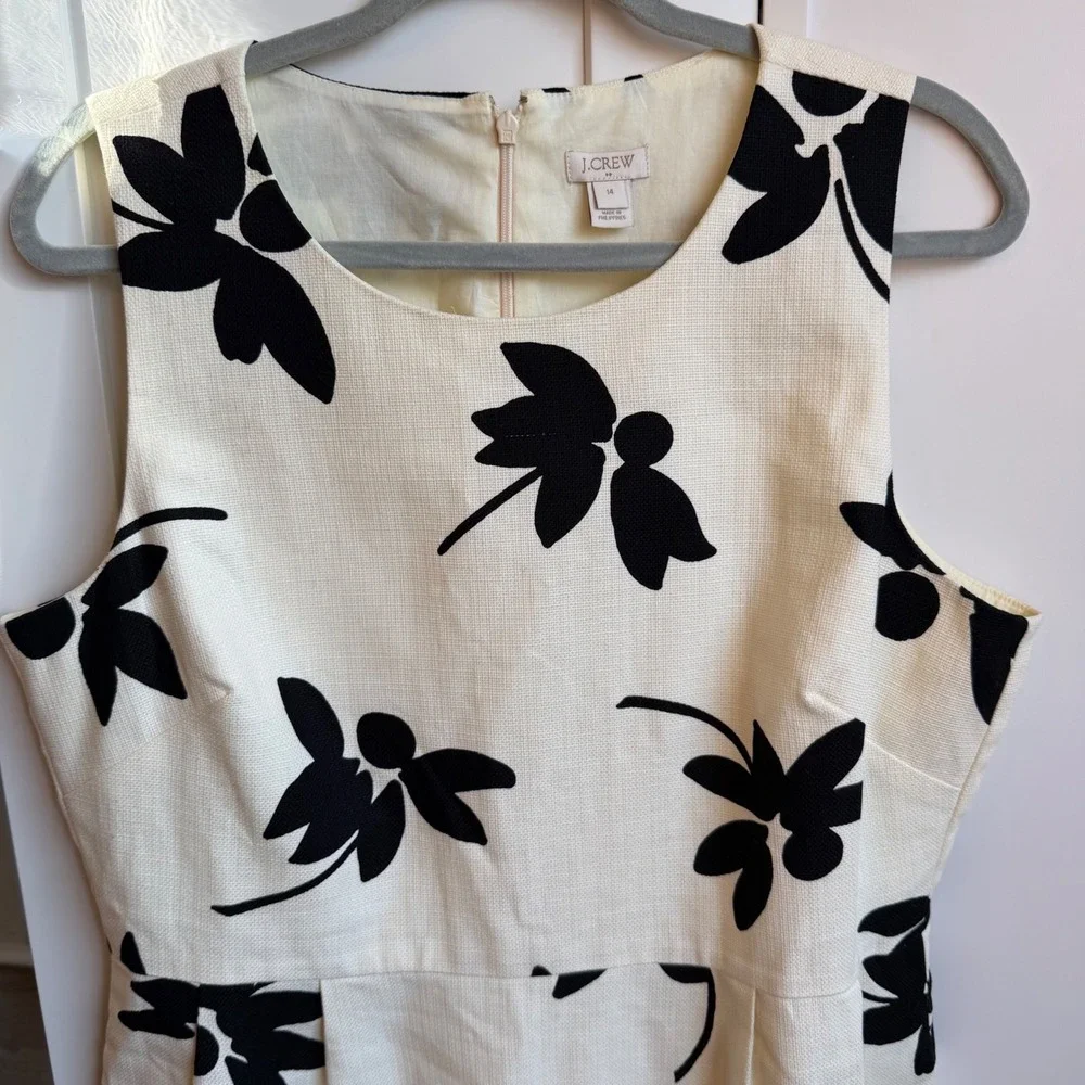 J.Crew Sheath Dress Women 14 Ivory Black Floral Cotton Pique Vacation Resortwear